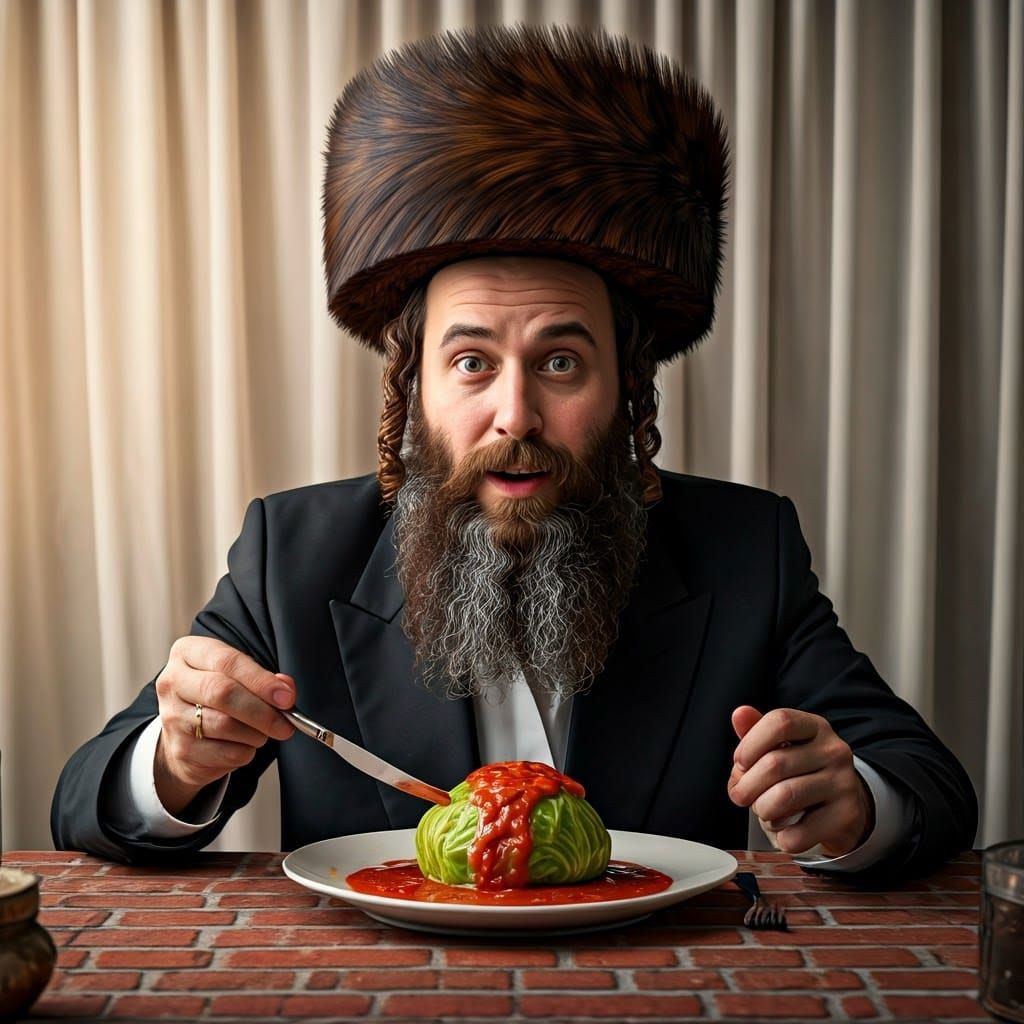Joyful Hasidic Man with Stuffed Cabbage: Detailed Portrait