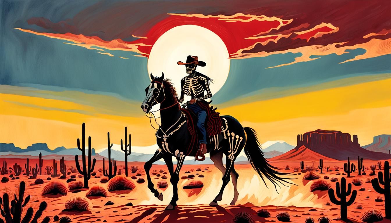 Cowboy and Skeleton in Desert Sunset: Lino Cut