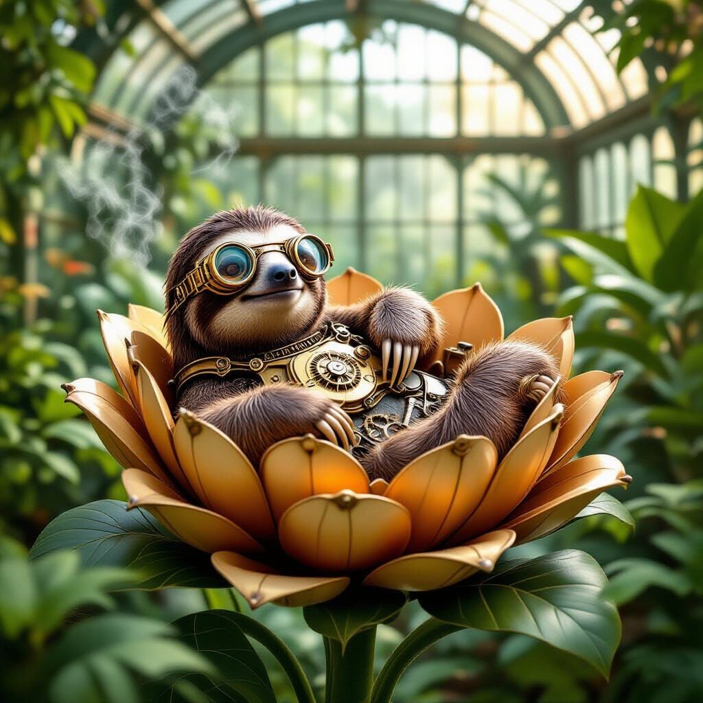 Steampunk Sloth on Mechanical Flower in Victorian Greenhouse
