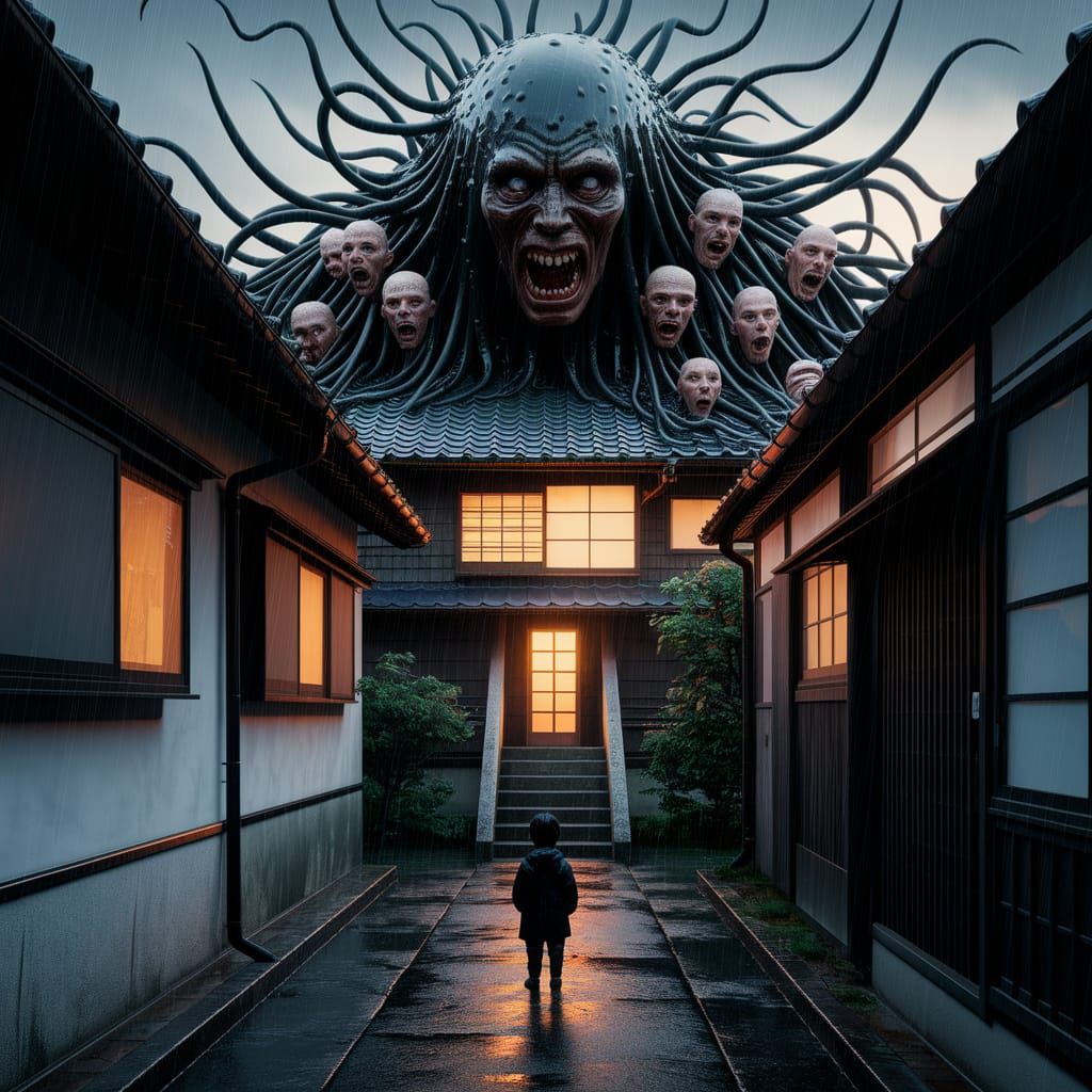 Rain-Slicked Japanese Alley with Colossal Entity