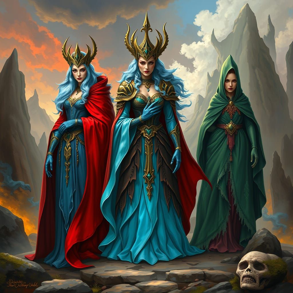 Three Regal Queens in a Dramatic Fantasy Landscape