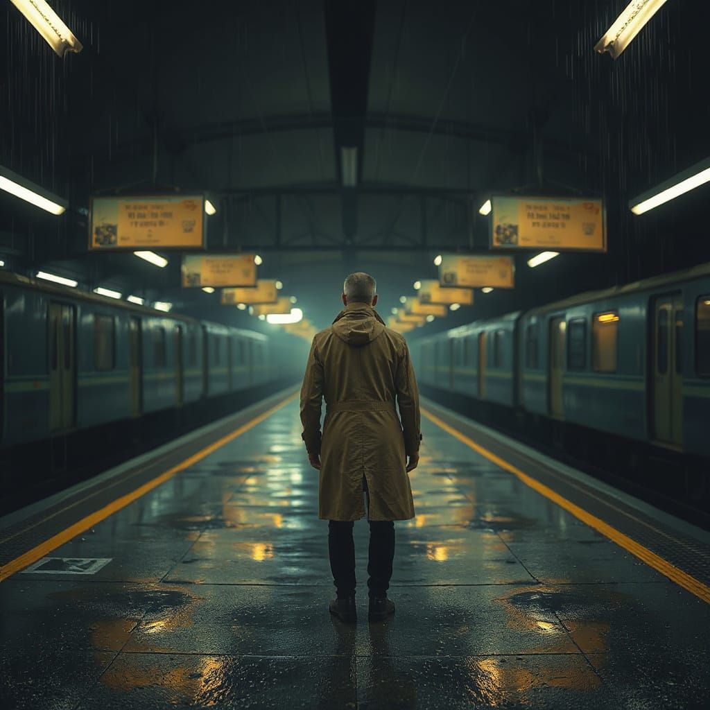 Gloomy Train Station at Dusk with Blurred Lights