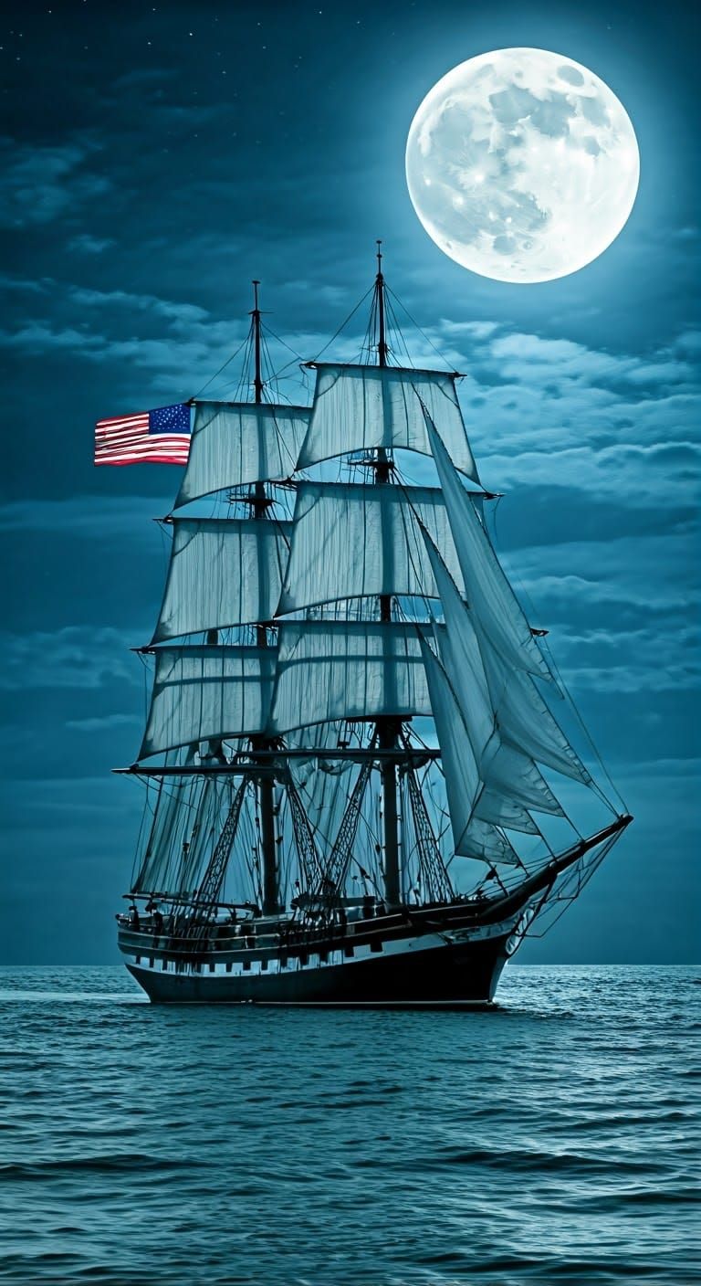 Sailing Ship Under Full Moon Night