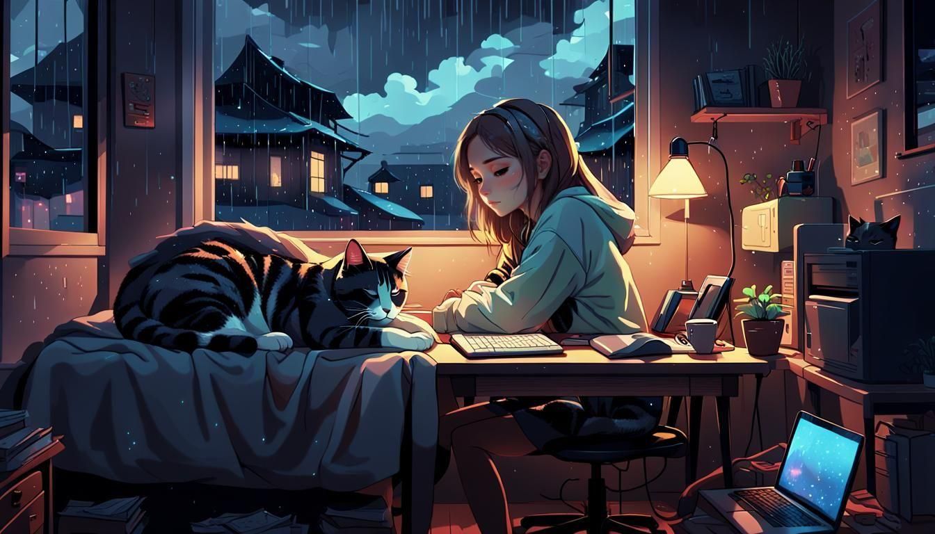 Cozy Anime Room with Woman, Cat, and Rainy Window