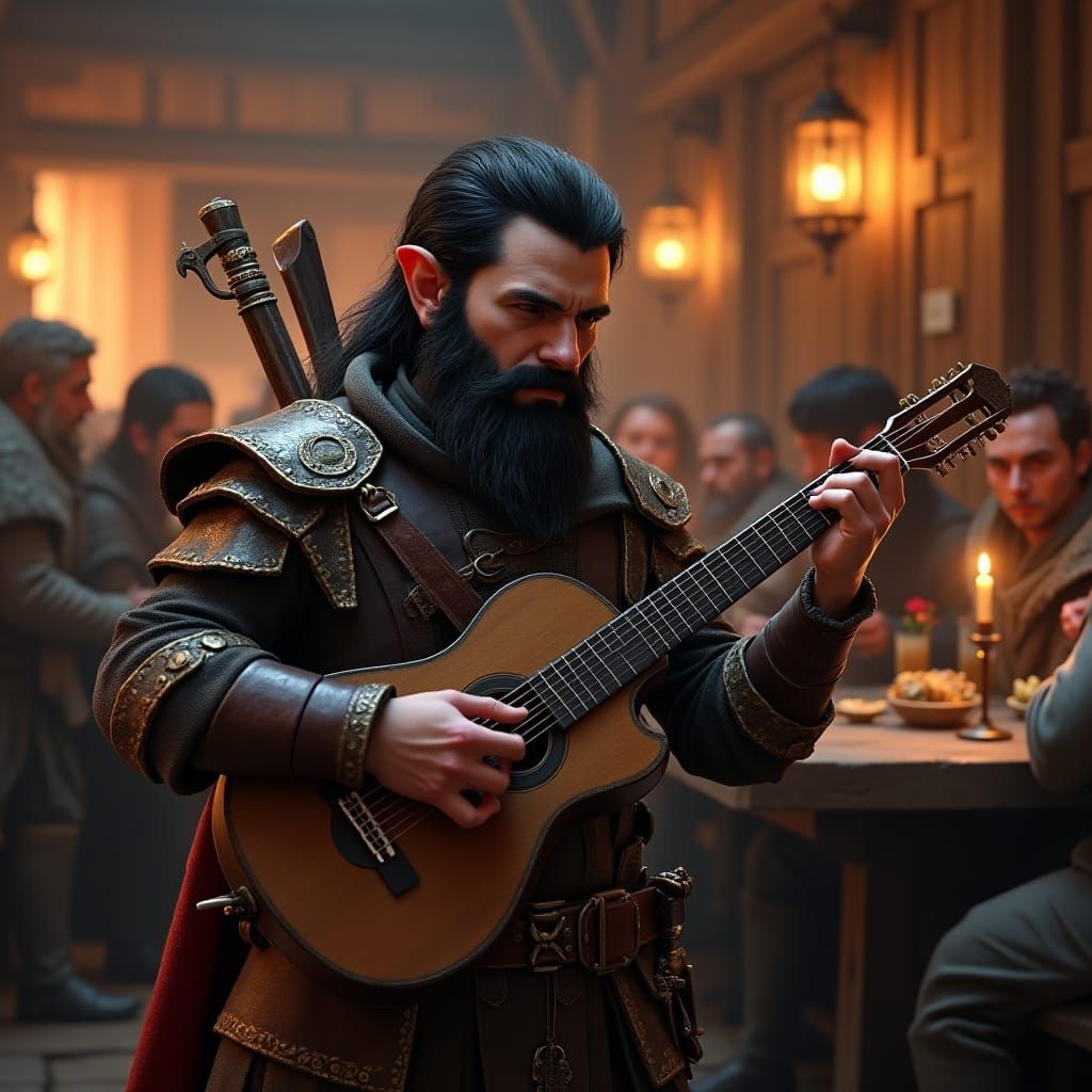 Dwarf Bard Plays Music in Candlelit Tavern