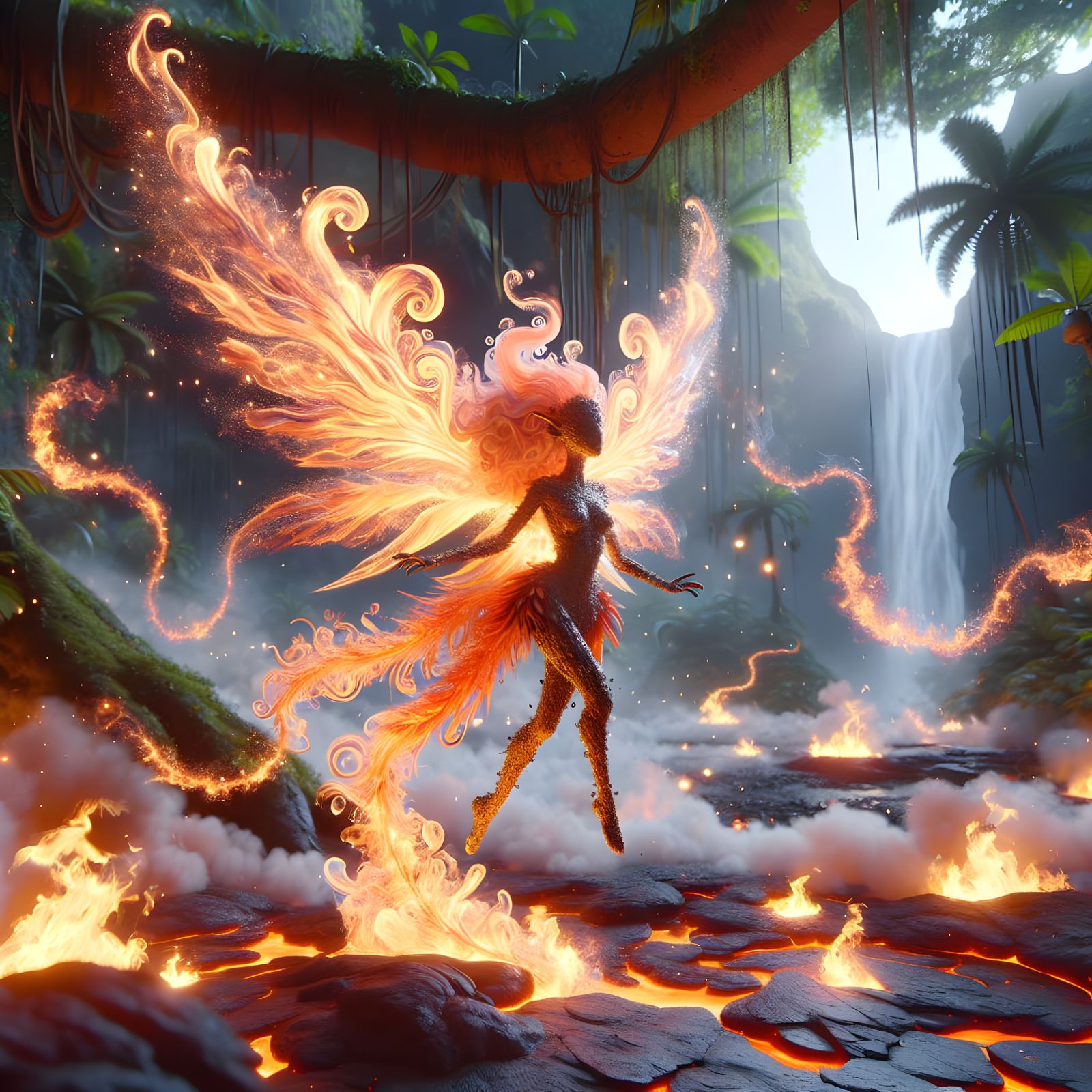 Whimsical Fire Fairy Above Tropical Lava Pit