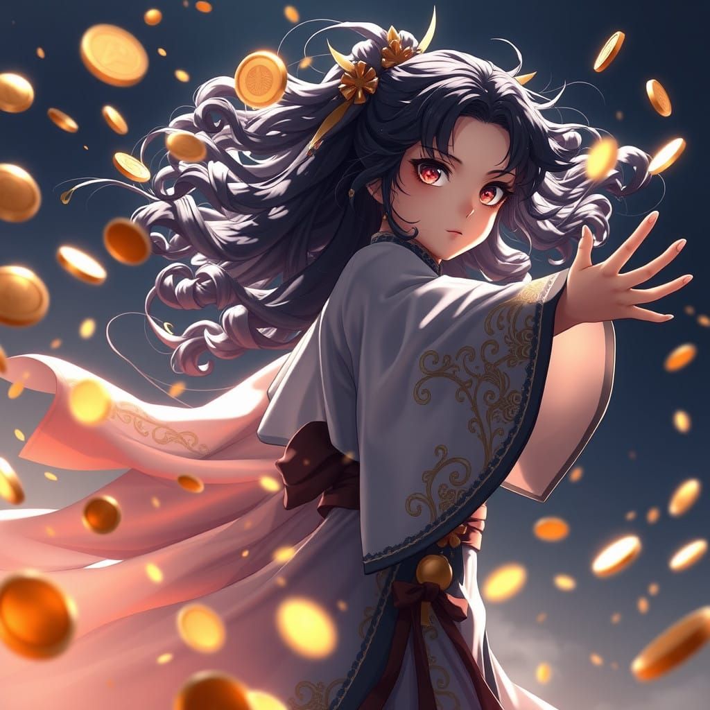 Girl Throwing Coins at Looming Enemy in Anime Art