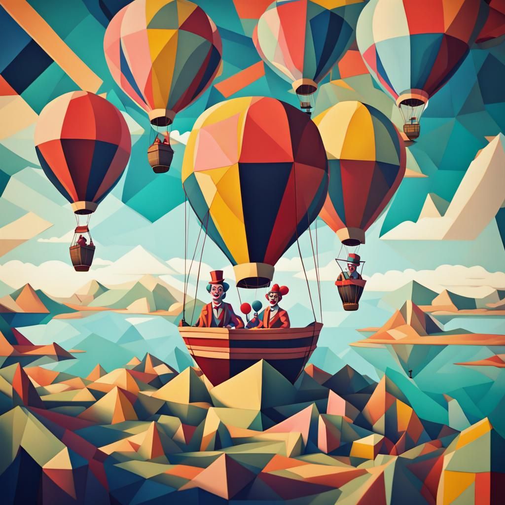 Clowns' Island Adventure: A Cubist Art Deco Journey