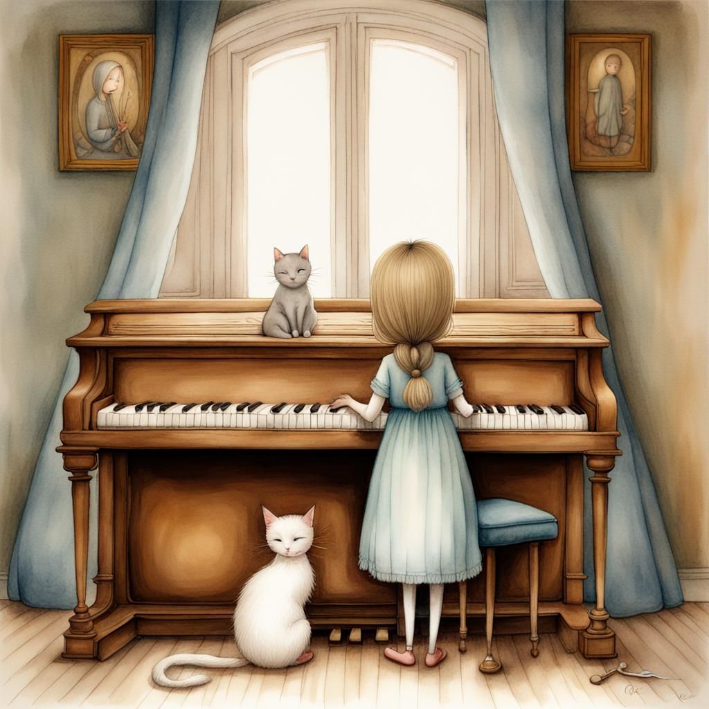 Girl Plays Piano, Cat Sleeps: Watercolor Art