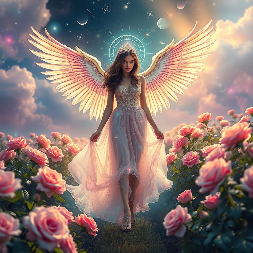 Magical Woman in Pastel Dress with Wings in Rose Field