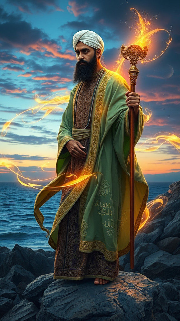 Majestic Man on Rocky Shore with Arabic Calligraphy