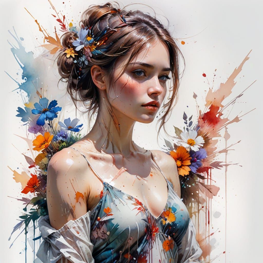 Young Woman in Floral Dress, Stylized Watercolour Garden