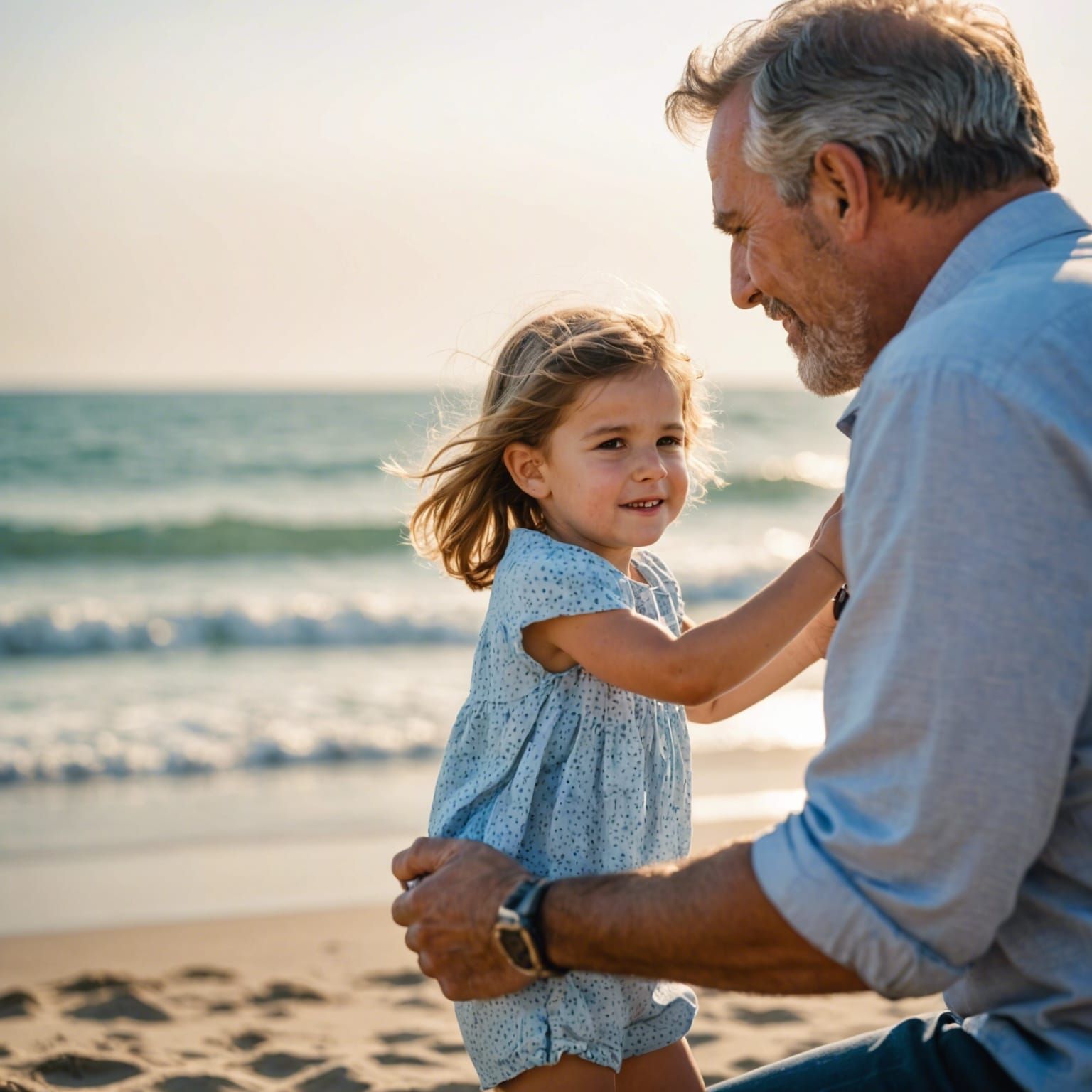 Girl and Father Playing on Beach with Bokeh