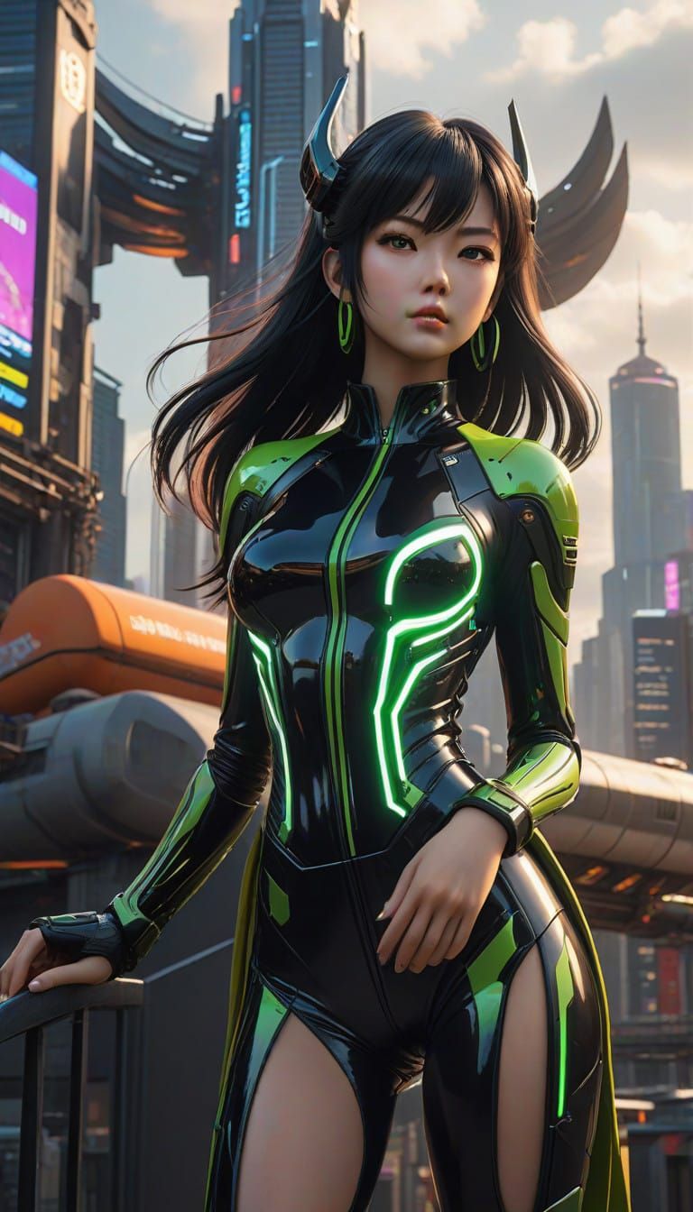 Anime Heroine Empowers Futuristic Metropolis in Cyberpunk Di...