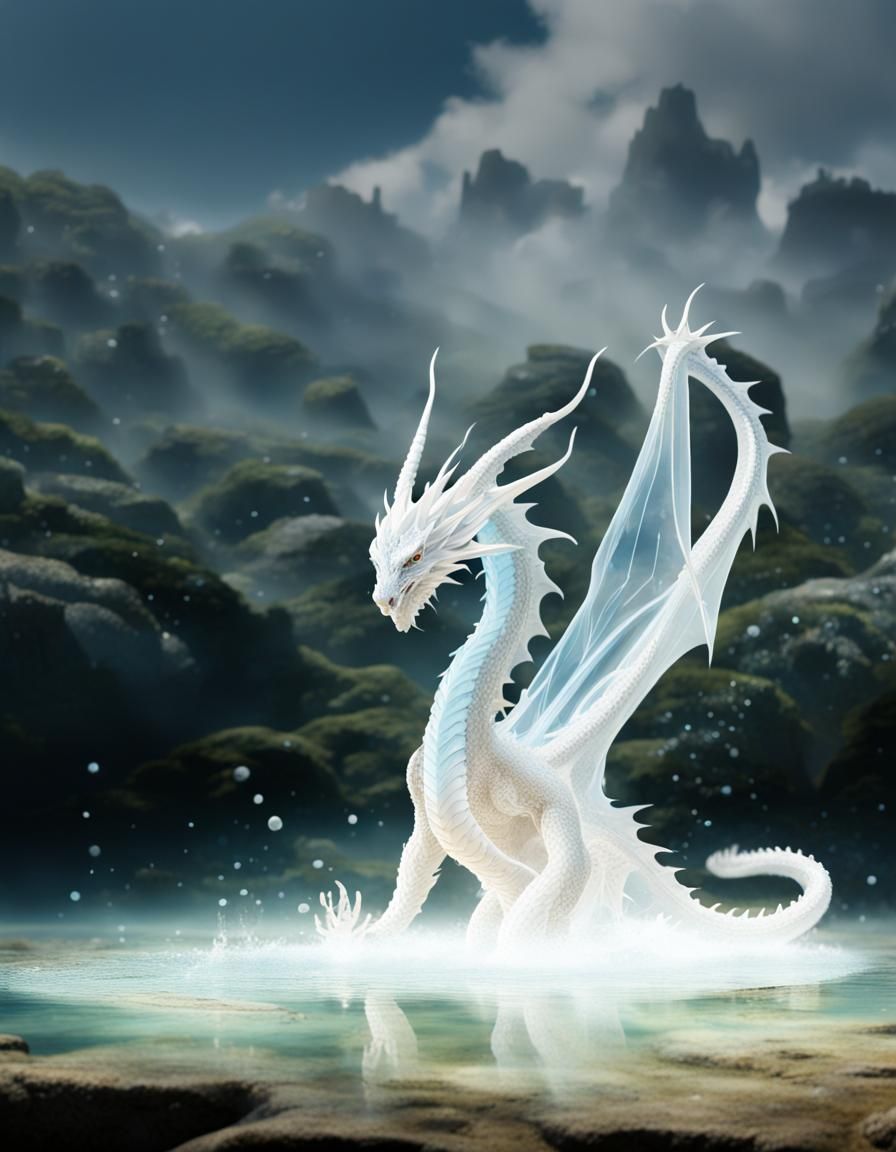 Crystal Dragon Emerging from Blue Water