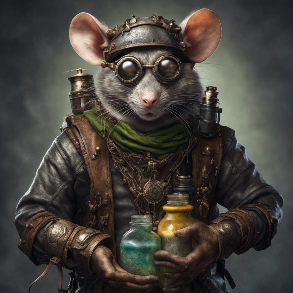 Hyperrealistic Portrait of a Rat Alchemist with Gear