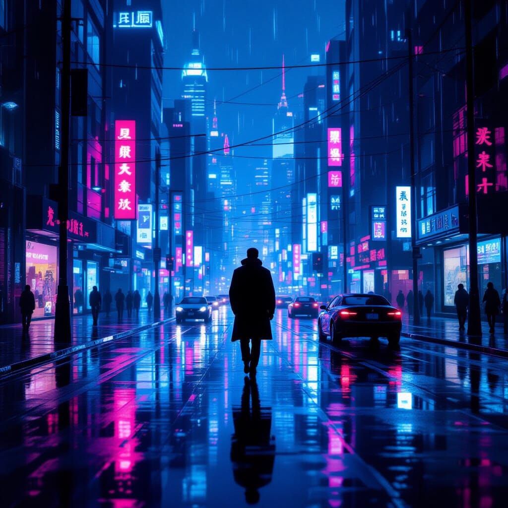 Neon City Street at Night - Lone Figure in Moody Reflection