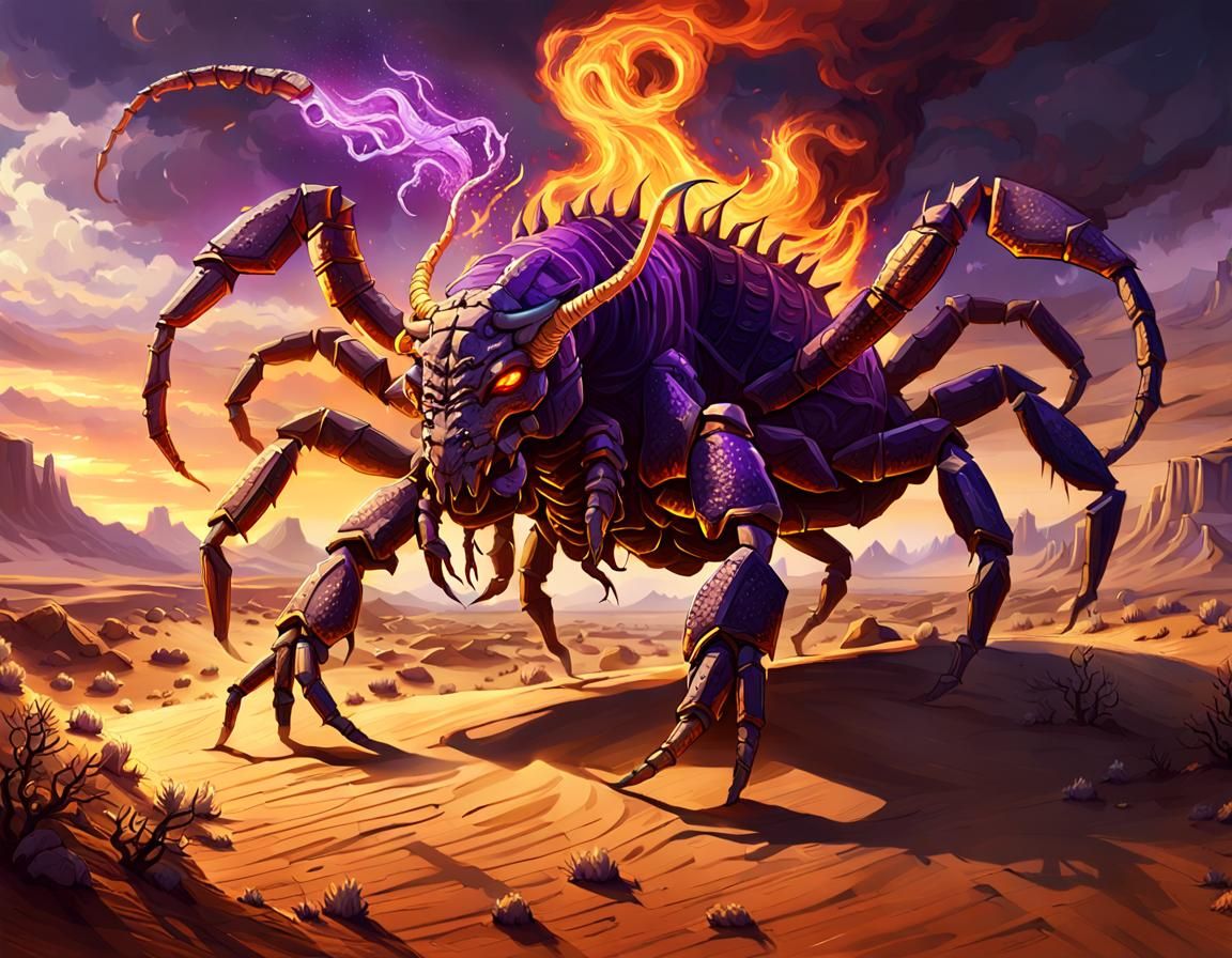 Fiery Scorpion-Spider-Bull Hybrid in Dark Fantasy Style