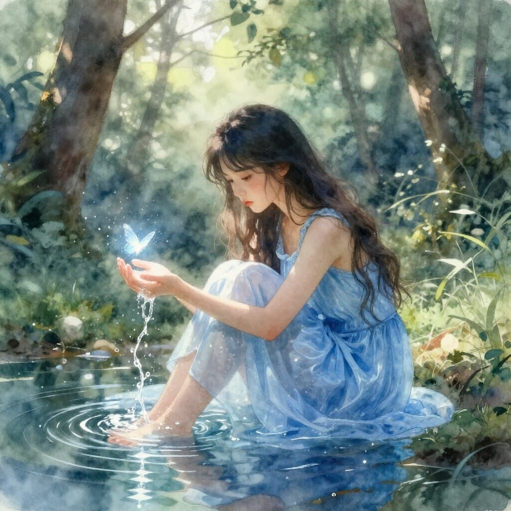 Melancholy Girl in Ethereal Forest Watercolor