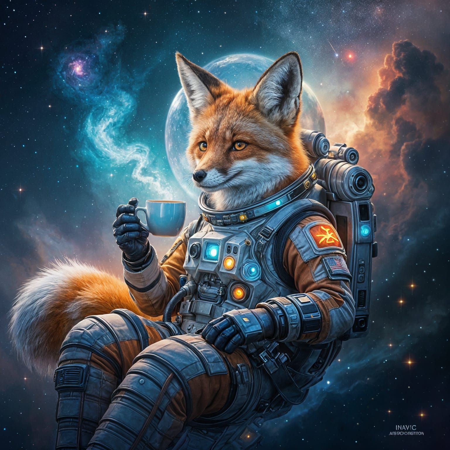 Fox Astronaut Sipping Tea in Nebula, Oil Painting