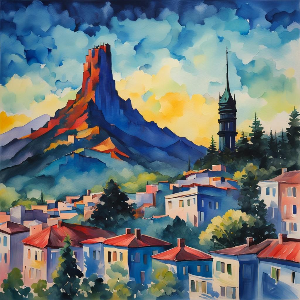 Impressionist Cityscape with Mountain Backdrop in Gouache