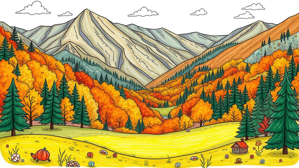 Whimsical Autumn Valley Doodle in Crayon Style