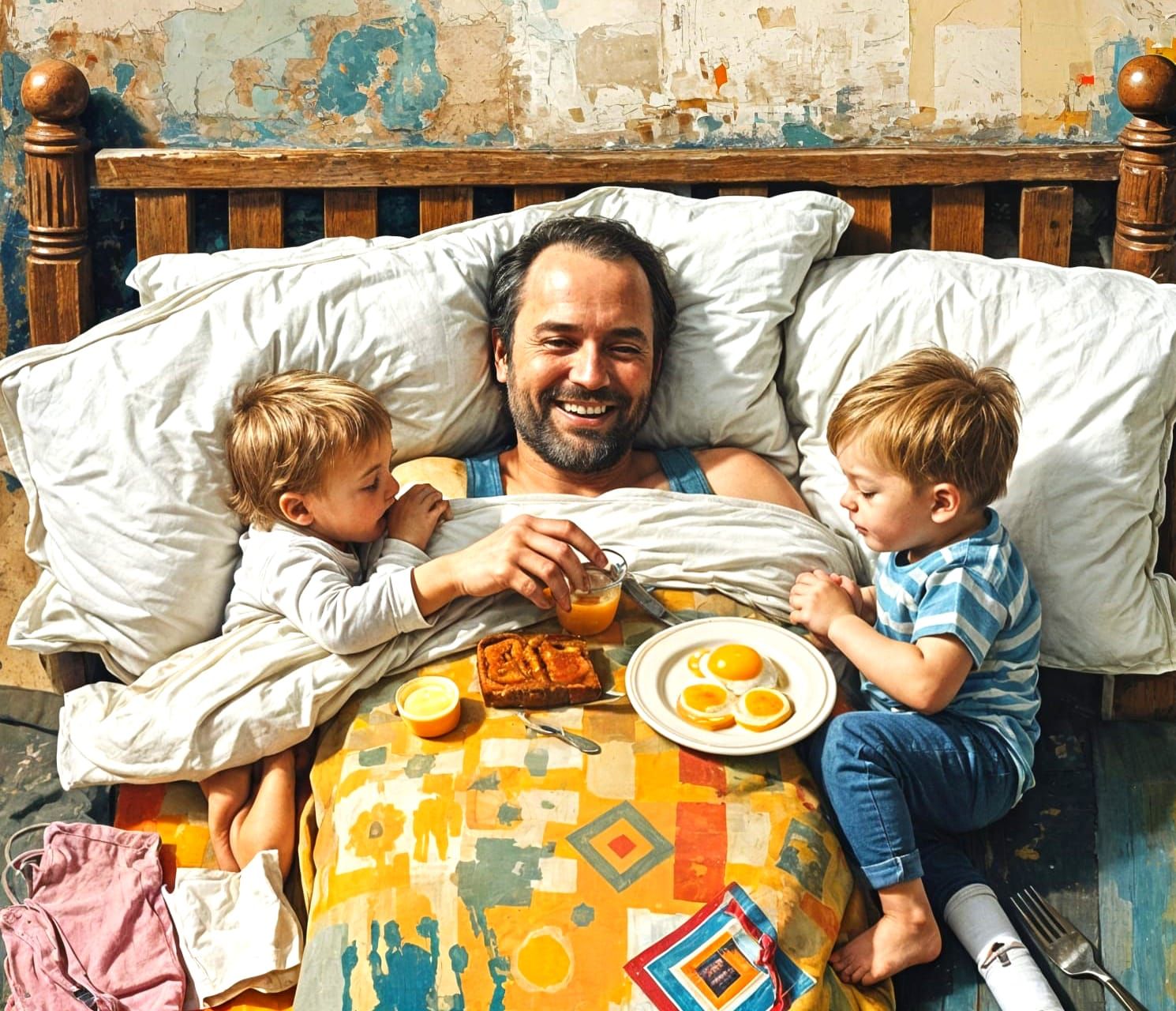 Joyful Dad Receives Breakfast: Expressionist Impasto Paintin...