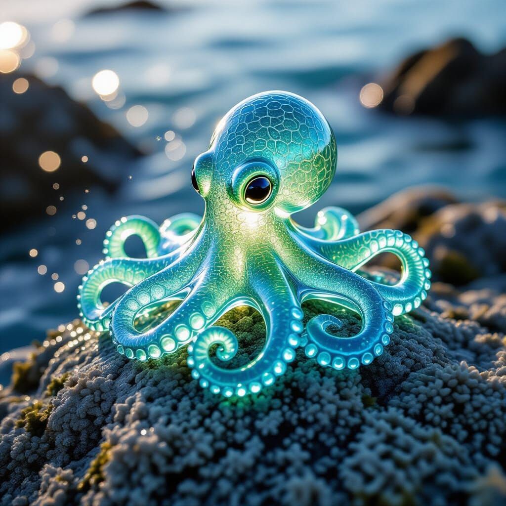 Sea Glass Octopus Statue on Barnacle Rock
