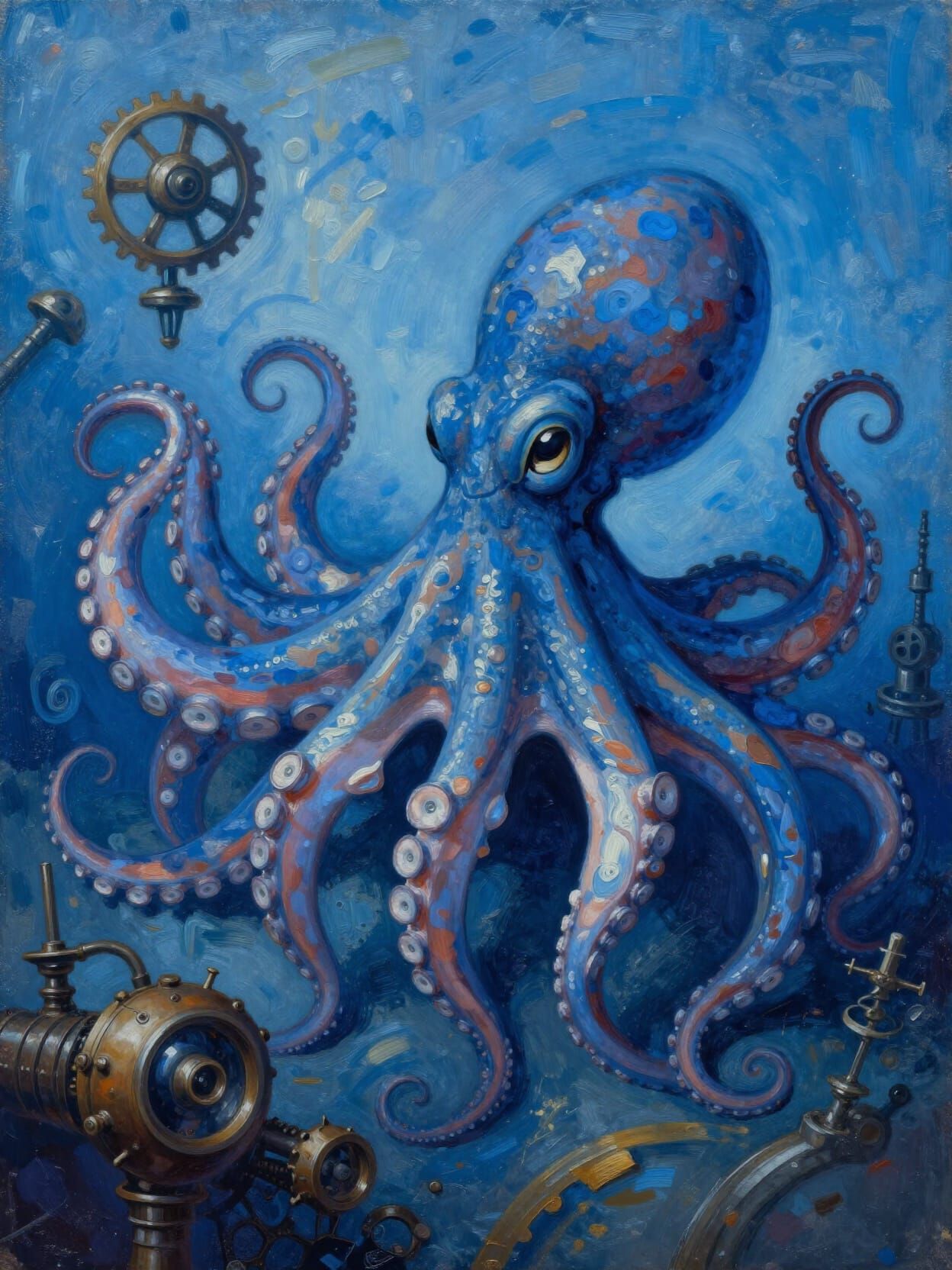 Surreal Octopus Painting in Steampunk Blue Style