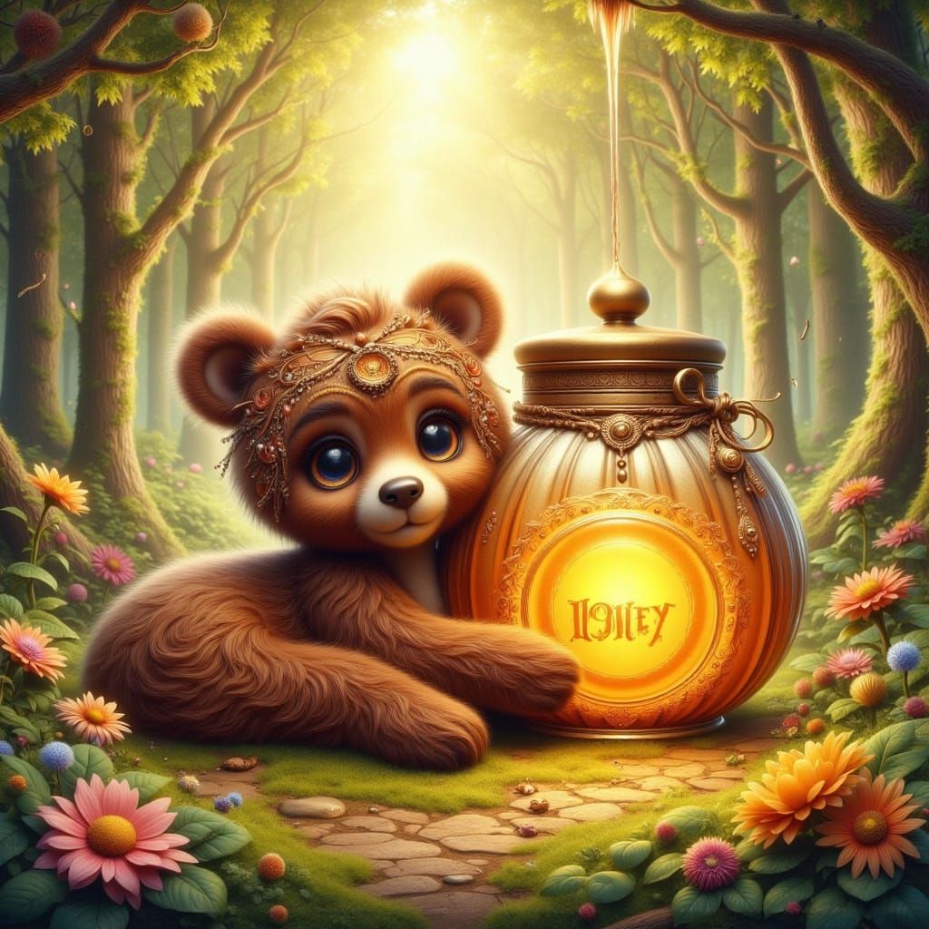 Cute Chibi Brown Bear Hugs Golden Honey Jar in Whimsical For...