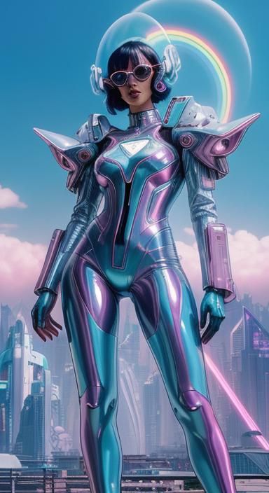 Retro Futurism: Holographic Woman in Cyberpunk Landscape