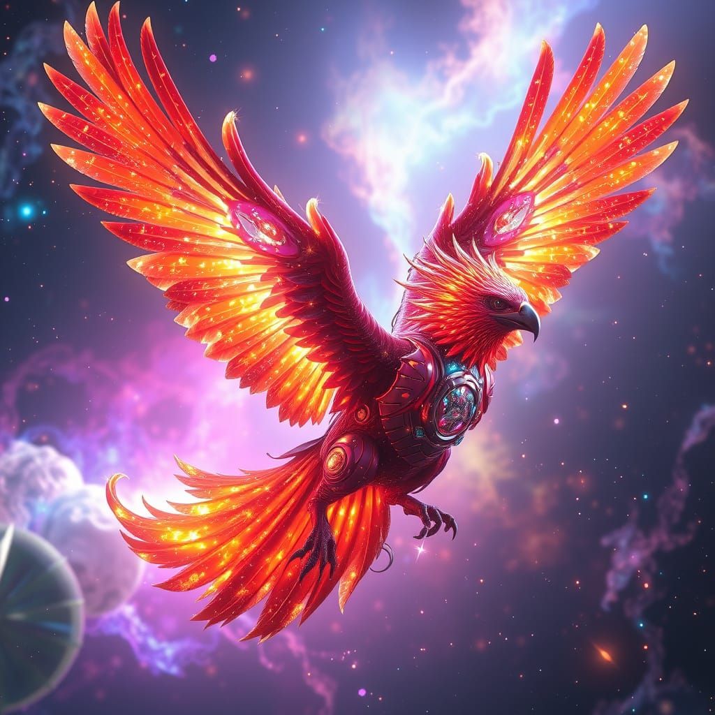 Bioluminescent Phoenix Soaring Through a Cosmic Nebula