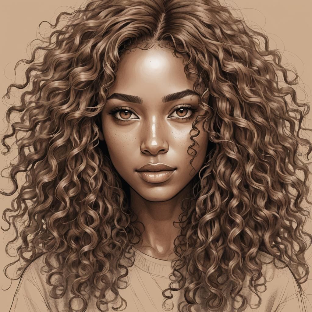 Pencil Sketch of a Girl with Curly Hair
