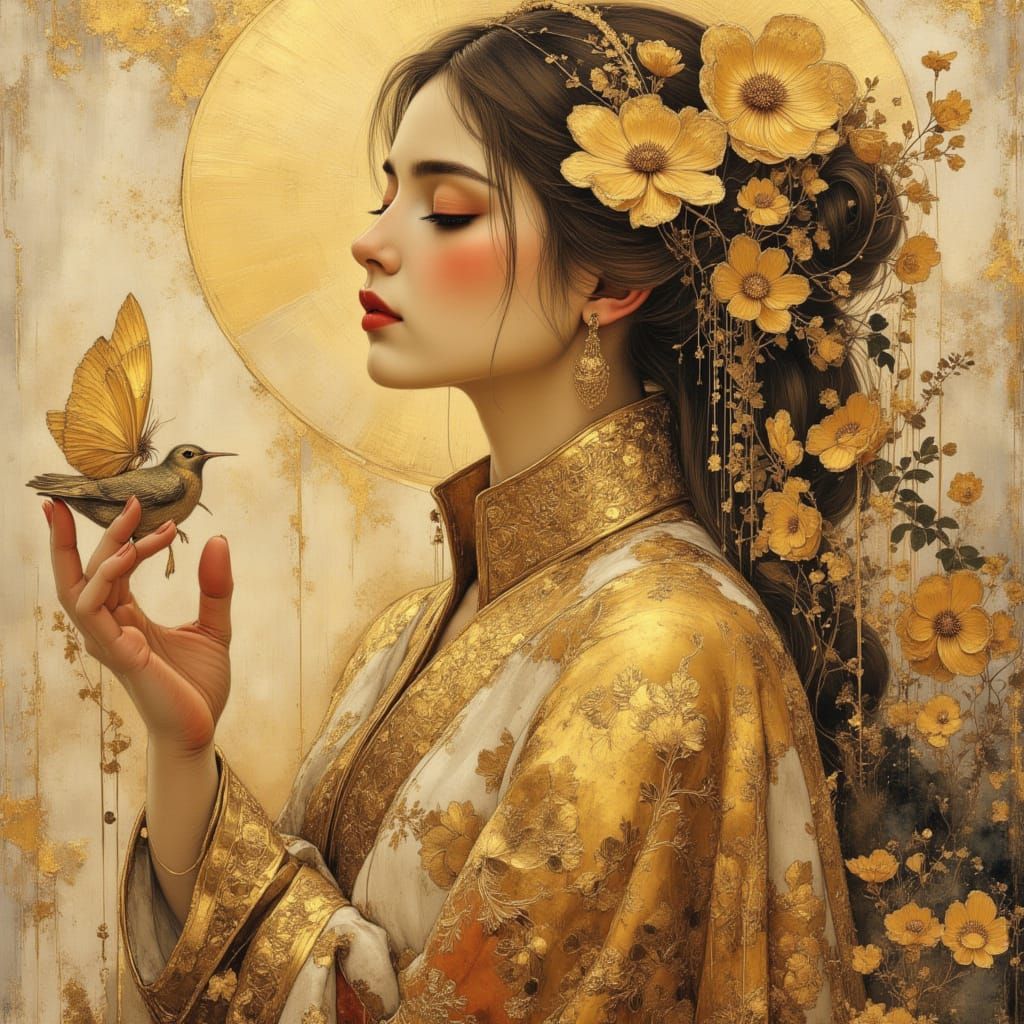 Luminous Gold Portrait in Pastel Impressionism Style