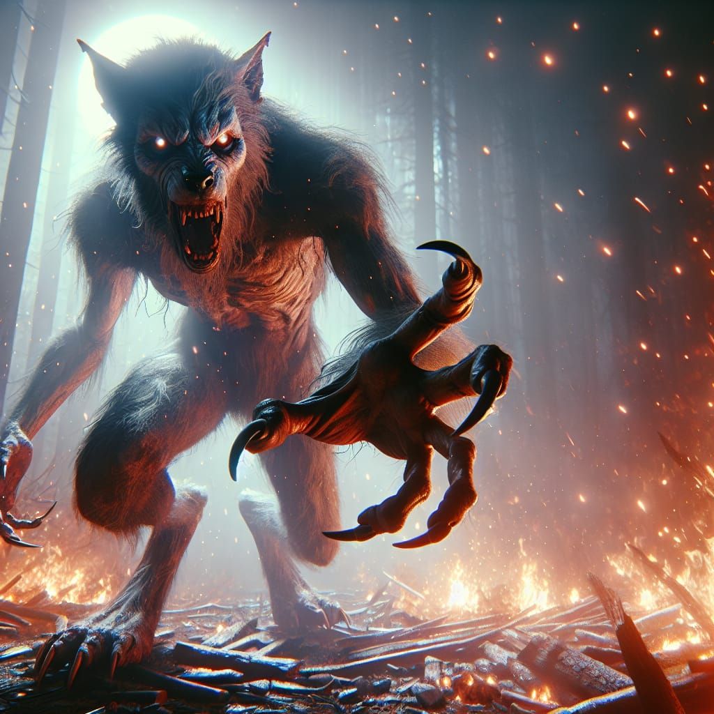Terrifying Werewolf Attack in Hyper-Realistic Matte Painting