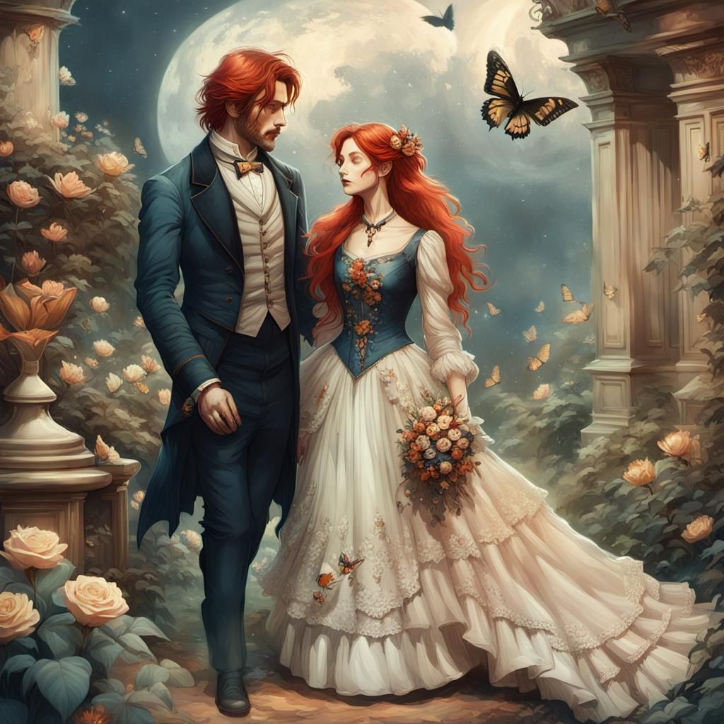 Mystical Moonlit Garden Couple in Victorian Fantasy Style
