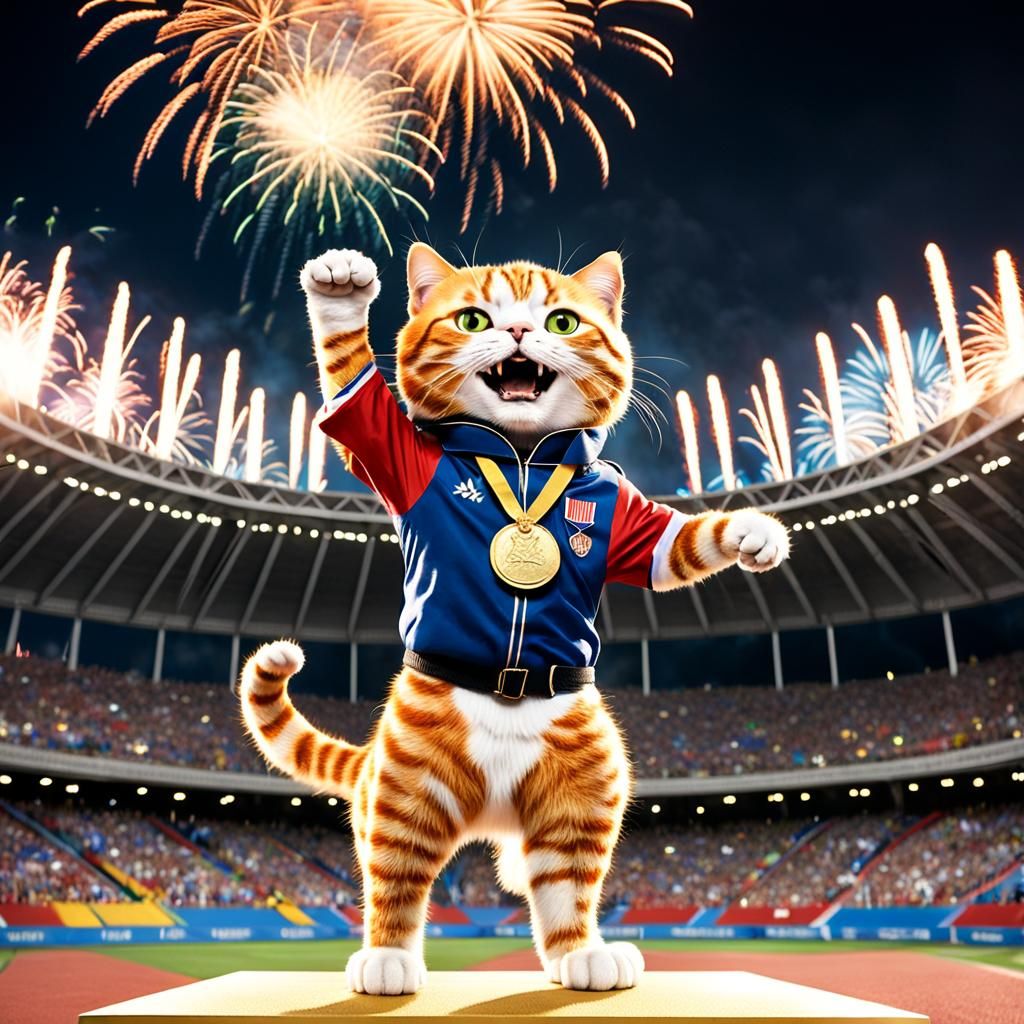 Victorious Cat Celebrates Olympic Gold in Stadium
