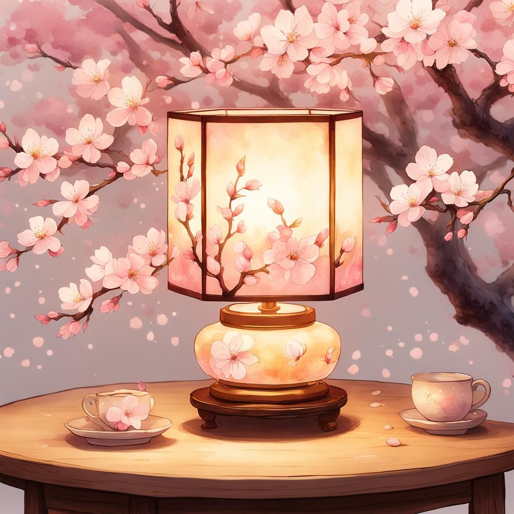 Glowing Cherry Blossom Lamp in Anime Watercolor Art