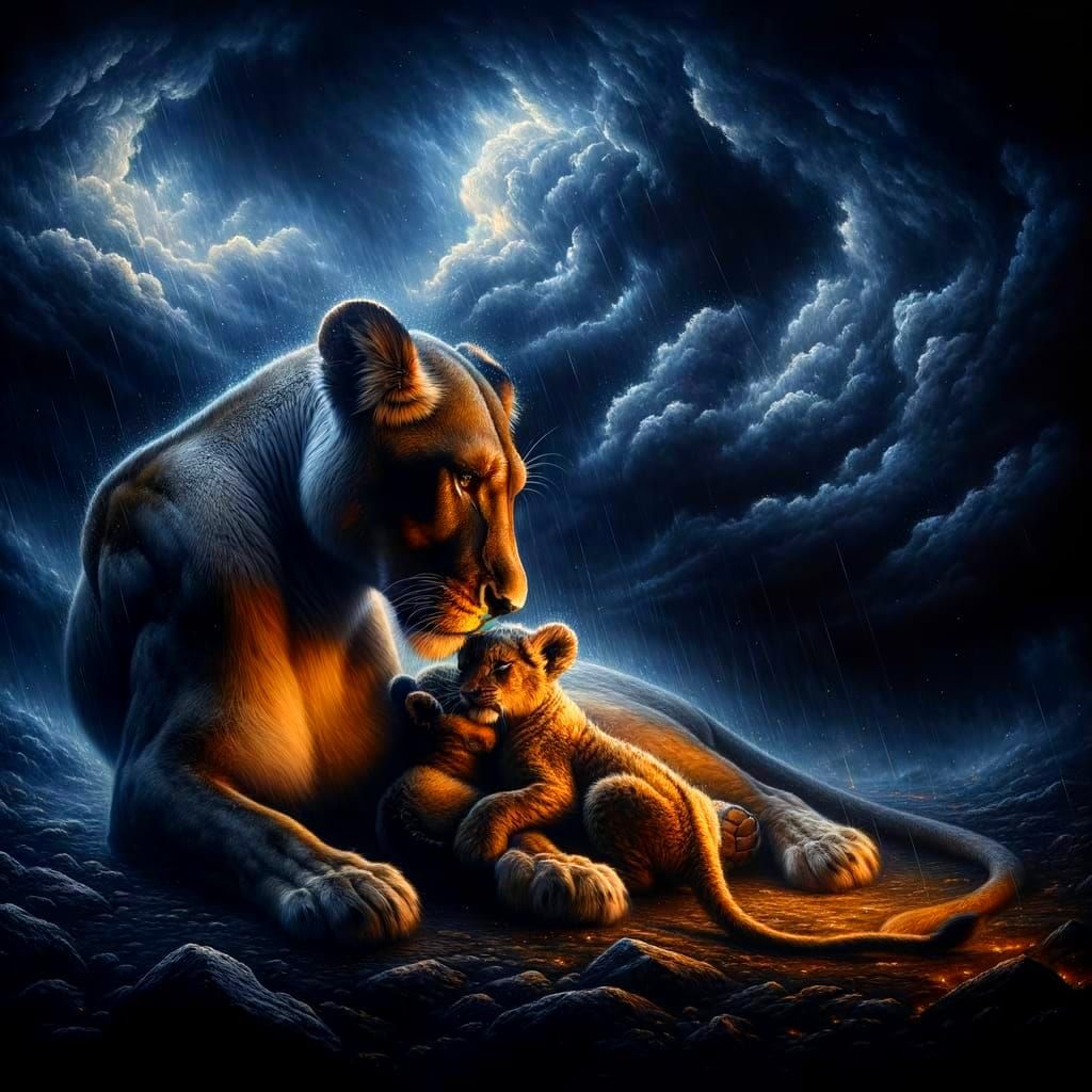 Lioness Consoling Cubs Amidst Tempestuous Night