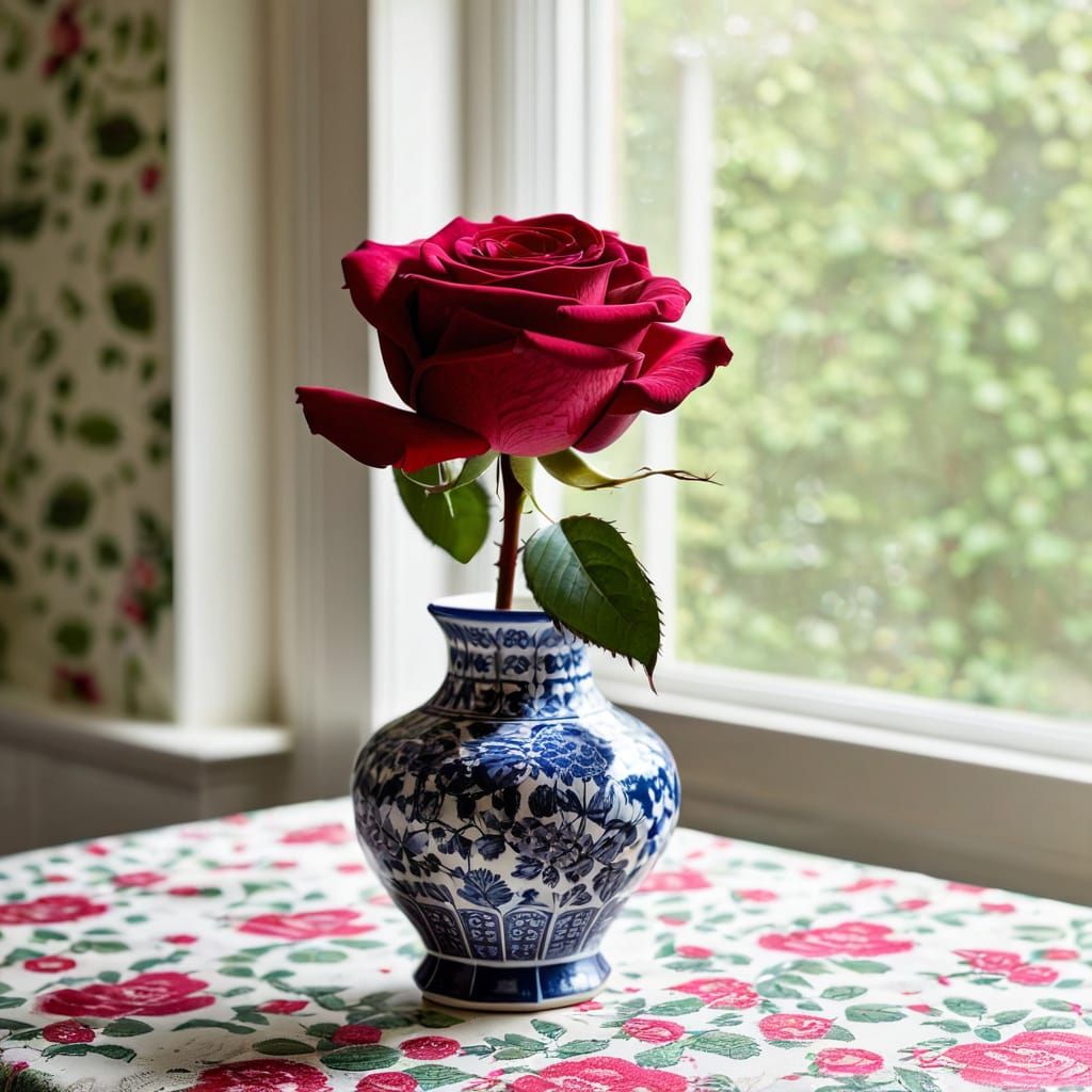 Rose in Vase on Table with Patterned Cloth