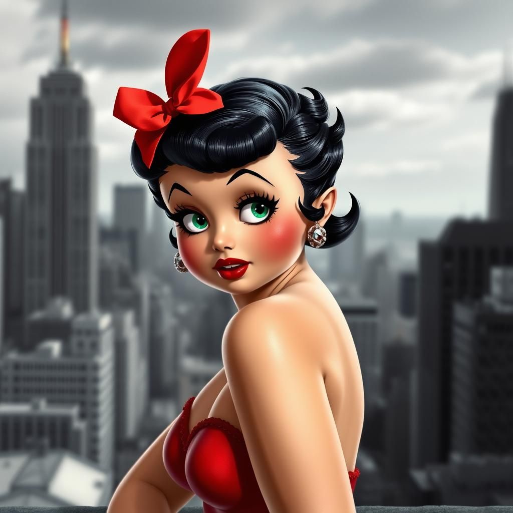 Vibrant Pinup Girl in Grayscale Cityscape