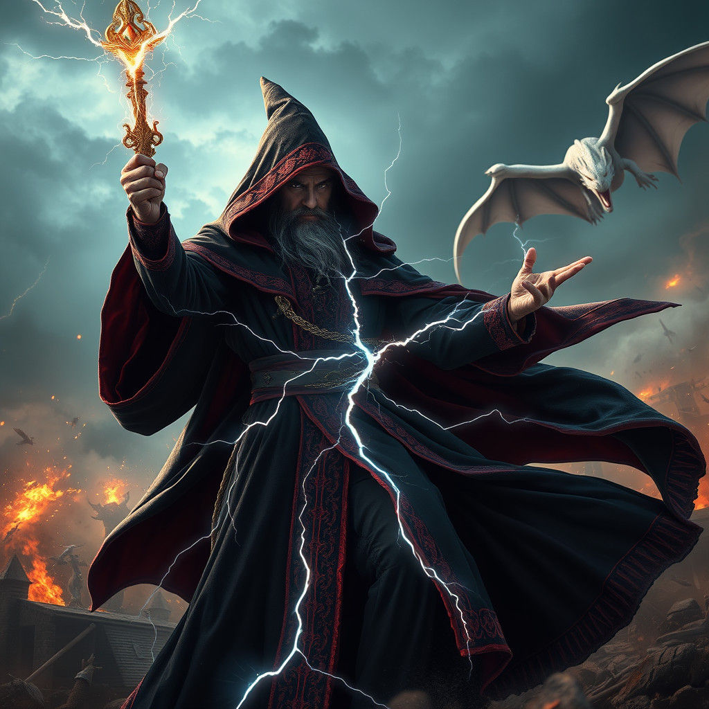 Wizard Unleashes Lightning with Dragon in 8K