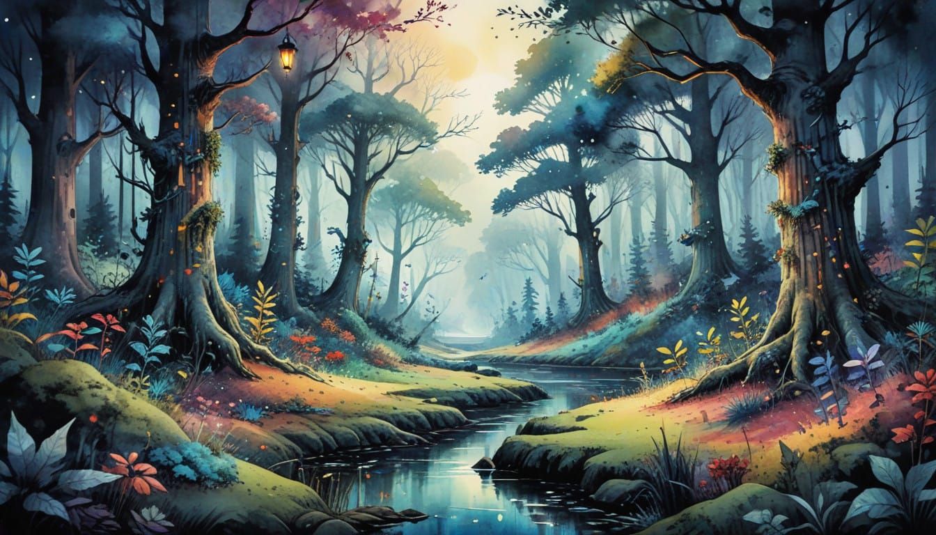 Whimsical Christmas Forest in Watercolor Poster