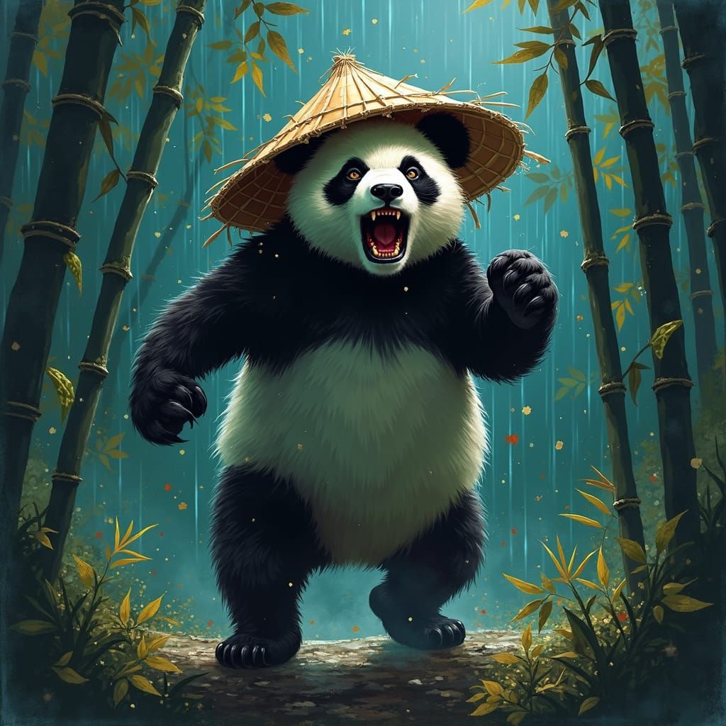 Enraged Panda in Bamboo Forest Under Stormy Sky