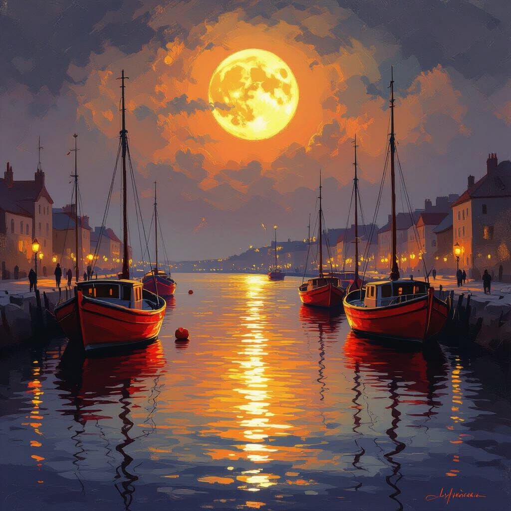 Moonlit Harbor Scene with Red Boats