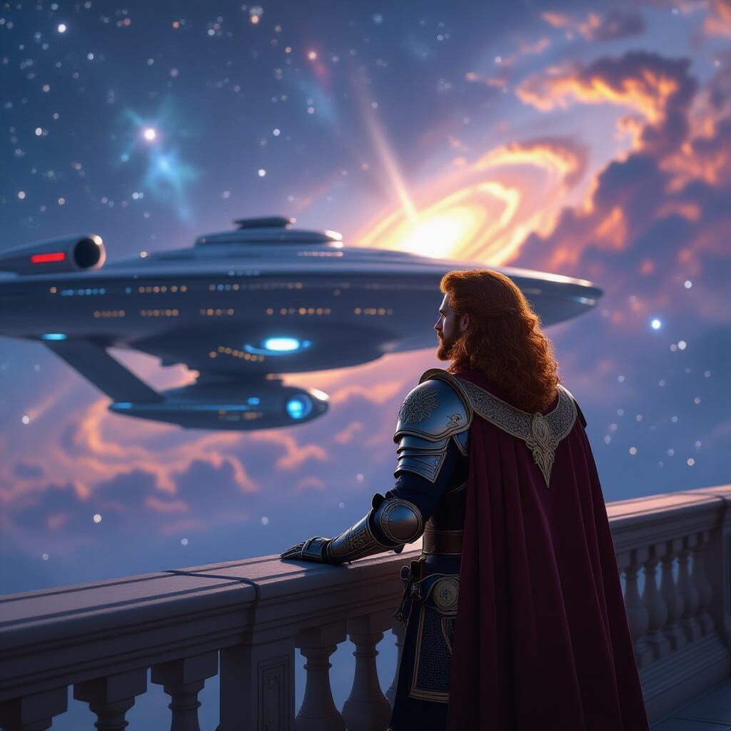 King on Starship Bridge Gazing at Galaxy