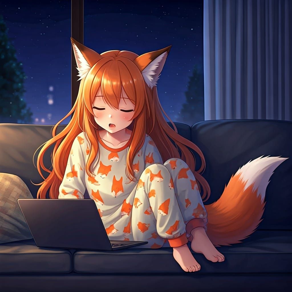 Anime Fox Girl Sleeping Peacefully at Night