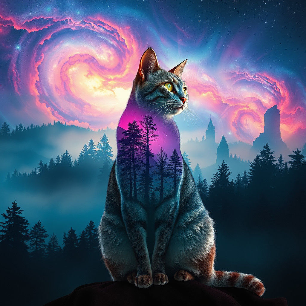 Iridescent Cat in Double Exposure Landscape