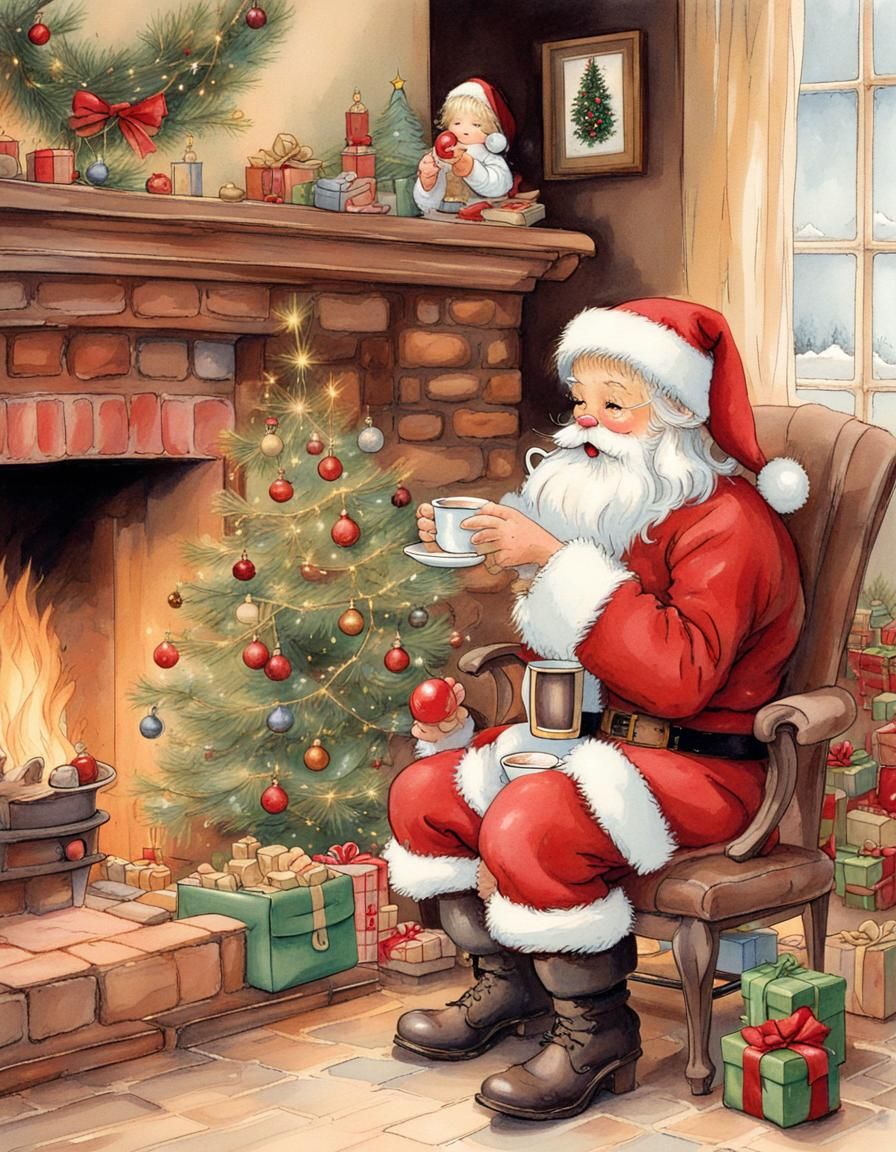 Santa Claus Drinking Coffee by Fireplace