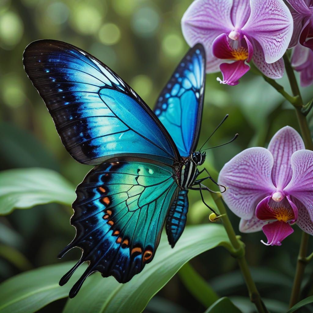 Ethereal Tropical Butterfly Perched on Vibrant Orchid